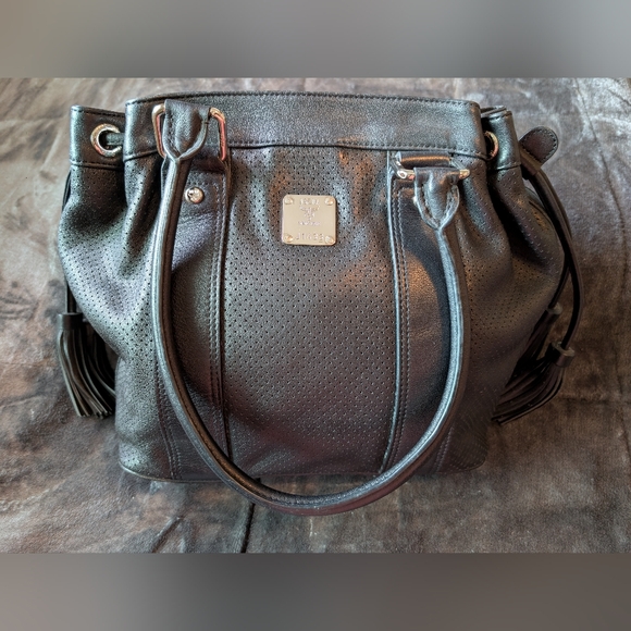 MCM Authentic Calfskin Perforated Bucket Fringe Shoulder Bag Black!  Nice - Picture 1 of 17